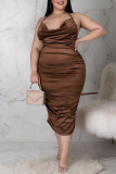 Sexy Solid Patchwork Backless Fold Halter One Step Skirt Plus Size Dresses