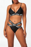 Fashion Sexy Letter Print Hollowed Out Patchwork Backless Swimwears (With Paddings)