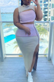 Sexy Solid Hollowed Out Patchwork Slit O Neck Plus Size Two Pieces