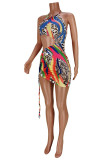 Fashion Sexy Print Bandage Hollowed Out Backless Halter Sleeveless Dress