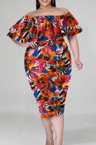 Fashion Casual Plus Size Print Patchwork Off the Shoulder Short Sleeve Dress