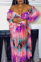 Fashion Sexy Print Bandage Backless Slit Off the Shoulder Plus Size Two Pieces