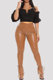 Fashion Casual Solid Bandage Slit Skinny High Waist Trousers