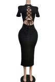 Sexy Solid Bandage Hollowed Out Patchwork O Neck One Step Skirt Dresses