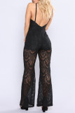 Fashion Sexy Solid Patchwork See-through O Neck Regular Jumpsuits