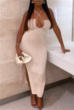 Fashion Sexy Solid Hollowed Out Backless Slit Halter Sleeveless Dress