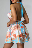 Fashion Sexy Print Bandage Backless Halter Sleeveless Two Pieces