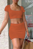 Fashion Sexy Solid Bandage Hollowed Out Backless Square Collar Short Sleeve Two Pieces