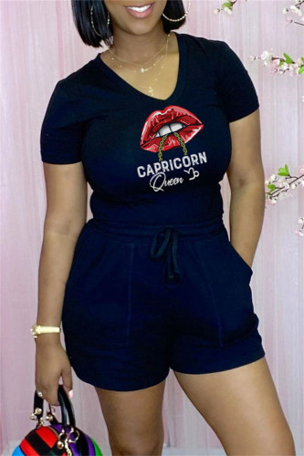 Fashion Casual Lips Printed Basic V Neck Short Sleeve Two Pieces