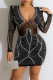 Fashion Sexy Patchwork Hot Drilling See-through V Neck Long Sleeve Dresses