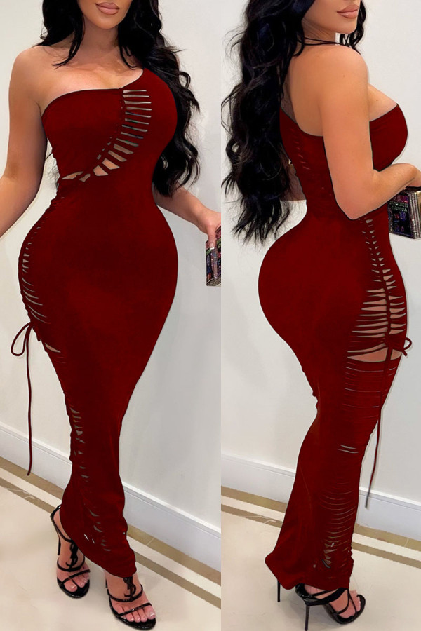 Sexy Solid Ripped Hollowed Out Patchwork Oblique Collar Pencil Skirt Dresses