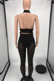 Fashion Sexy Solid Bandage See-through Backless Halter Sleeveless Two Pieces