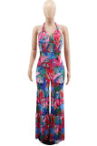 Sexy Print Hollowed Out Patchwork Backless Halter Straight Jumpsuits