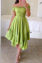 Casual Sweet Solid Split Joint Flounce Fold Asymmetrical Off the Shoulder A Line Dresses