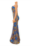 Fashion Sexy Print Hollowed Out Backless Slit Strapless Evening Dress