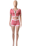 Sexy Plaid Print Patchwork Buckle Short Sleeve Two Pieces