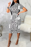 Fashion Casual Print With Belt Turtleneck Short Sleeve Dress Dresses