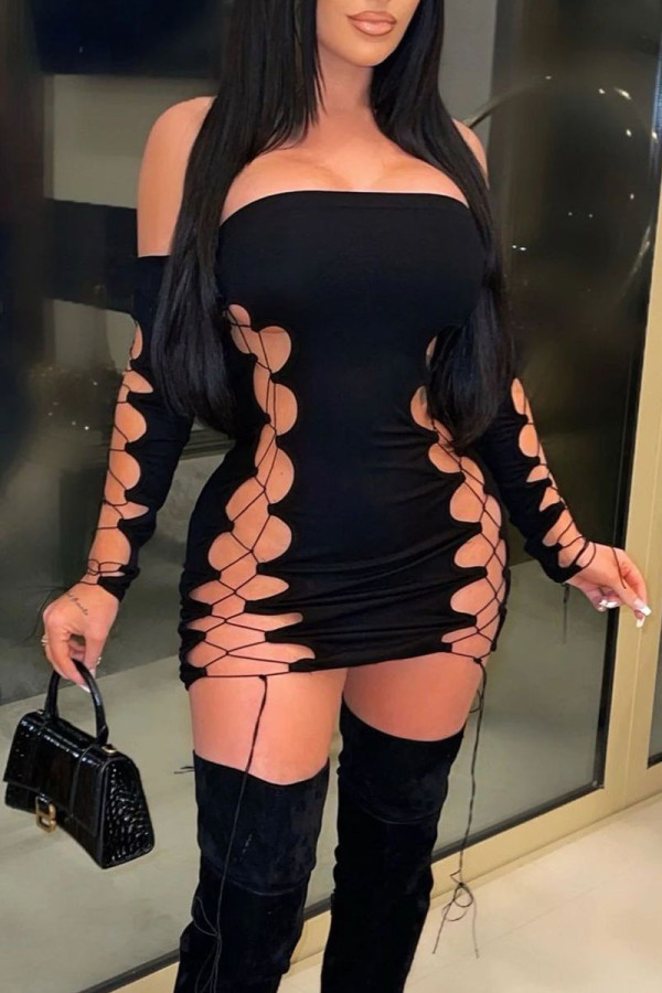 Sexy Solid Bandage Hollowed Out Patchwork Off the Shoulder Pencil Skirt Dresses