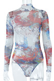 Sexy Print Patchwork See-through O Neck Long Sleeve Two Pieces