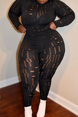 Fashion Sexy Solid Ripped Hollowed Out Turtleneck Plus Size Two Pieces