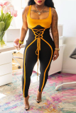 Sexy Solid Draw String Spaghetti Strap Skinny Jumpsuits