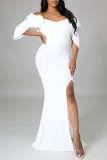 Fashion Sexy Solid Patchwork Slit Off the Shoulder Evening Dress