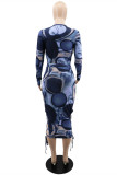 Fashion Casual Print Bandage O Neck Long Sleeve Two Pieces