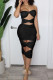 Sexy Solid Hollowed Out Patchwork Strapless Pencil Skirt Dresses