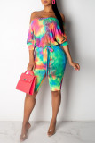 Casual Print Tie Dye Bandage Patchwork Off the Shoulder Straight Rompers