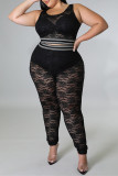 Fashion Sexy Patchwork See-through Vests Pants O Neck Plus Size Two Pieces