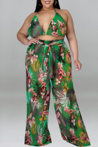 Sexy Print Bandage Backless Halter Plus Size Three Pieces