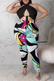 Fashion Sexy Print Bandage Hollowed Out Backless Halter Plus Size Two Pieces