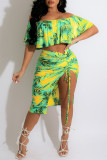 Fashion Sexy Print Draw String Frenulum Slit Off the Shoulder Two Pieces