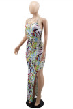 Fashion Sexy Print Bandage Backless Spaghetti Strap Irregular Dress