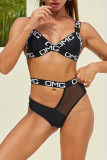 Fashion Sexy Letter Patchwork Hollowed Out Backless Swimwears
