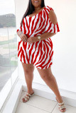 Fashion Casual Striped Print Hollowed Out V Neck Regular Rompers