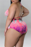 Fashion Sexy Print Bandage Backless Halter Plus Size Two Pieces