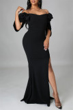 Fashion Sexy Solid Patchwork Slit Off the Shoulder Evening Dress