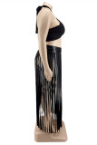 Fashion Sexy Solid Tassel Backless Halter Plus Size Two Pieces