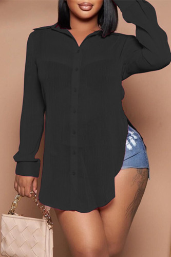 Fashion Casual Solid See-through Slit Turndown Collar Tops