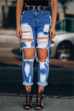 Fashion Casual Solid Ripped High Waist Regular Denim Jeans