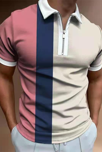 Fashion Casual Striped Contrast Zipper POLO collar Tops