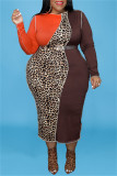 Fashion Casual Print Leopard Patchwork With Belt O Neck Long Sleeve Plus Size Dresses