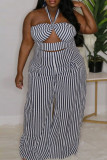 Fashion Sexy Striped Print Bandage Backless Strapless Plus Size Two Pieces