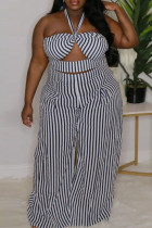 Fashion Sexy Striped Print Bandage Backless Strapless Plus Size Two Pieces