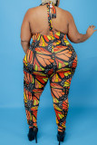 Fashion Sexy Print Hollowed Out Backless Halter Plus Size Jumpsuits