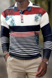 Fashion Casual Striped Print Patchwork Buckle POLO collar Tops