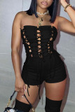 Sexy Solid Bandage Hollowed Out Patchwork Strapless Regular Rompers