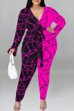 Fashion Casual Print Patchwork With Belt V Neck Plus Size Jumpsuits