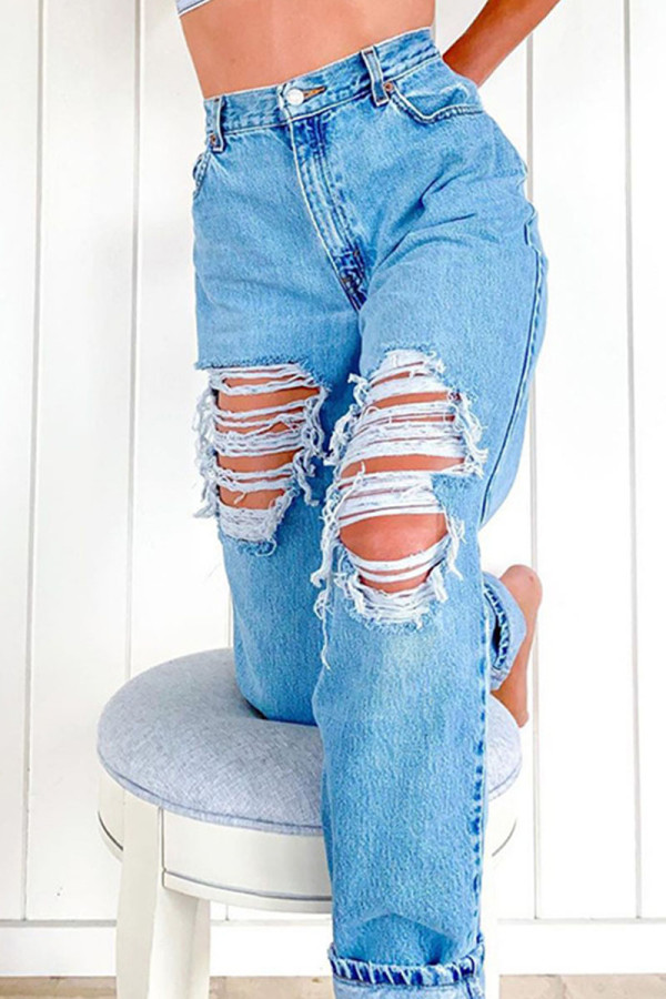 Casual Solid Ripped Make Old Patchwork High Waist Straight Denim Jeans